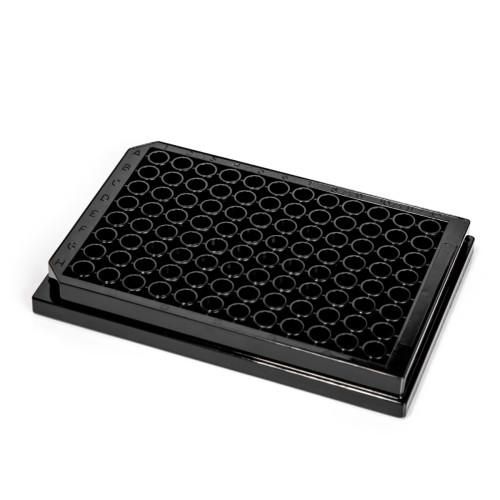 96 well 350uL. Black. Clear polystyrene bottom